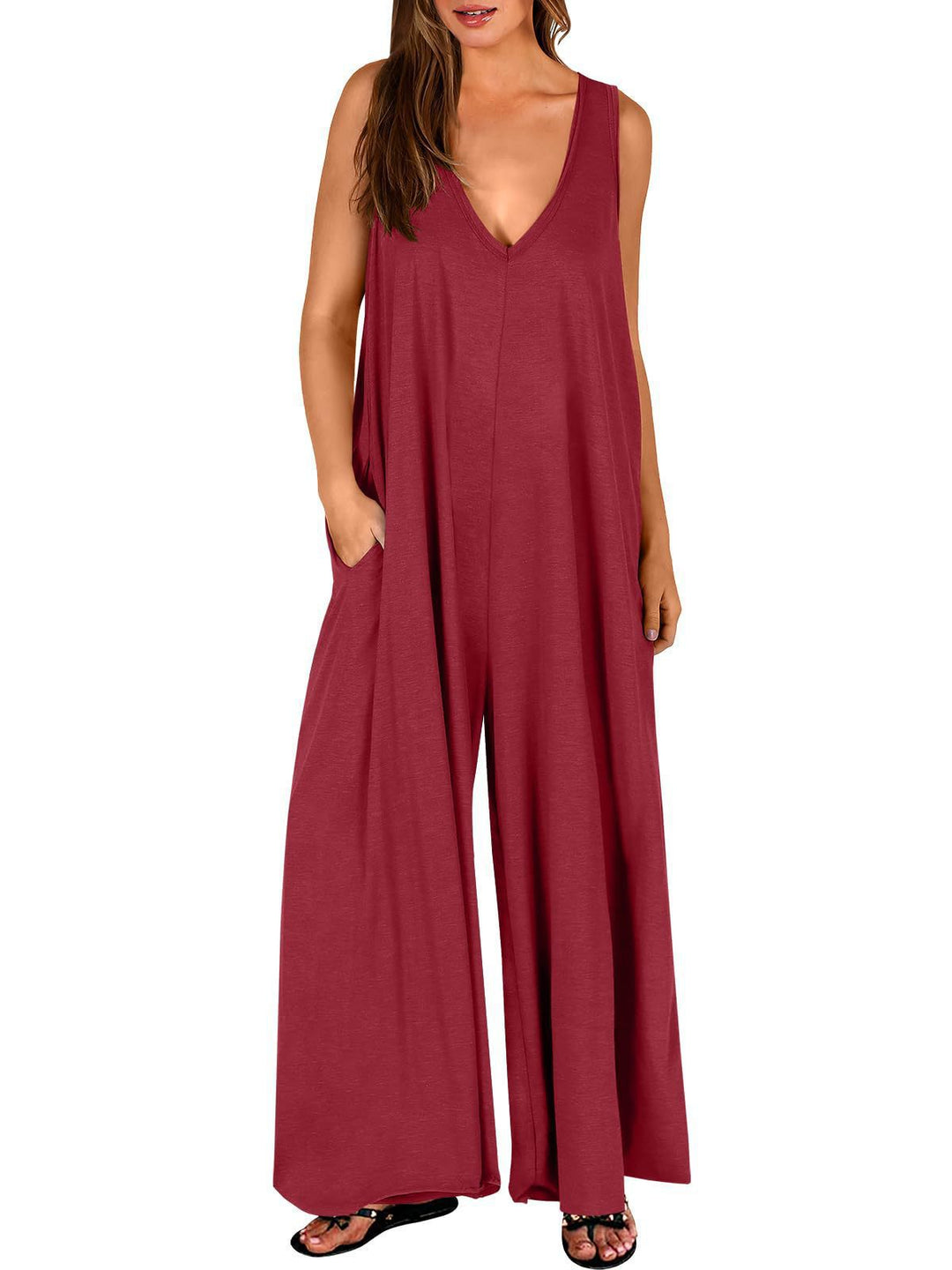 Ladies lightweight jumpsuit with deep V-neck and side pockets Lune London