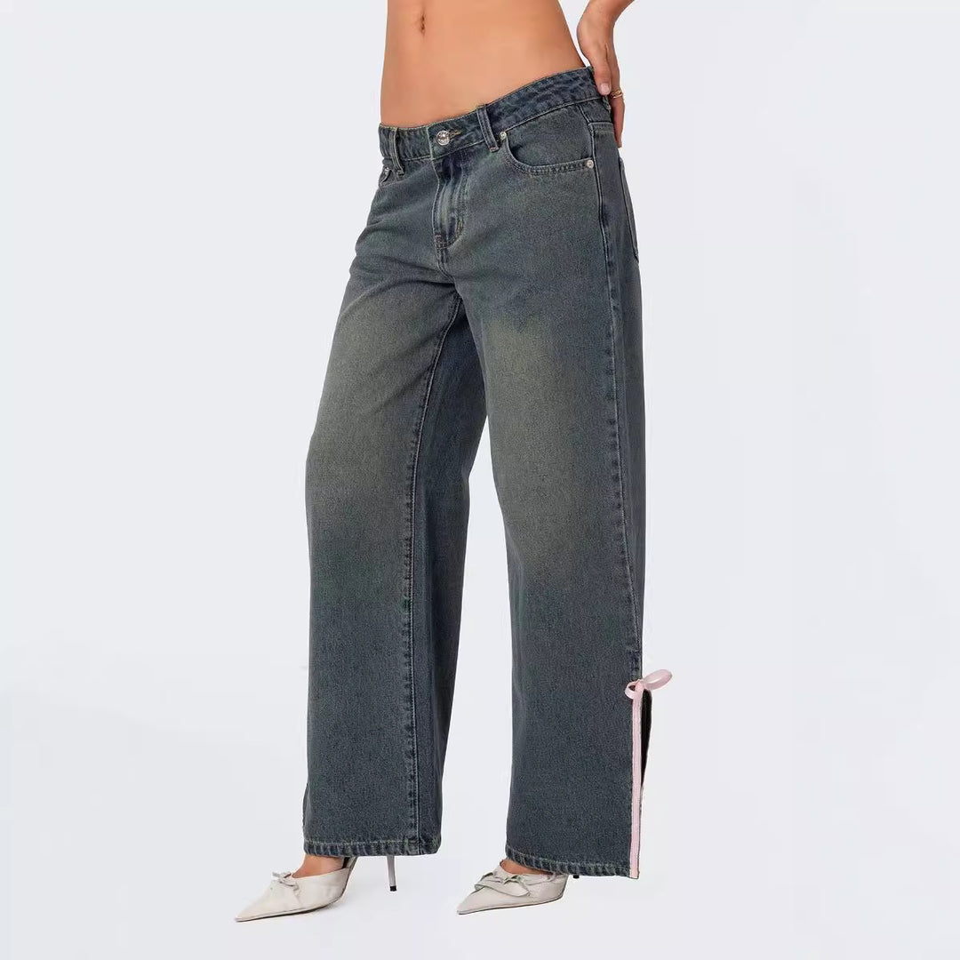 Women's High Waist Denim Pants with Fashionable Bow Details Lune London