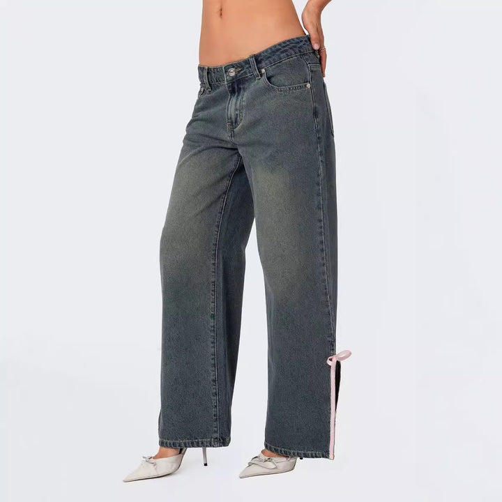 Women's High Waist Denim Pants with Fashionable Bow Details Lune London