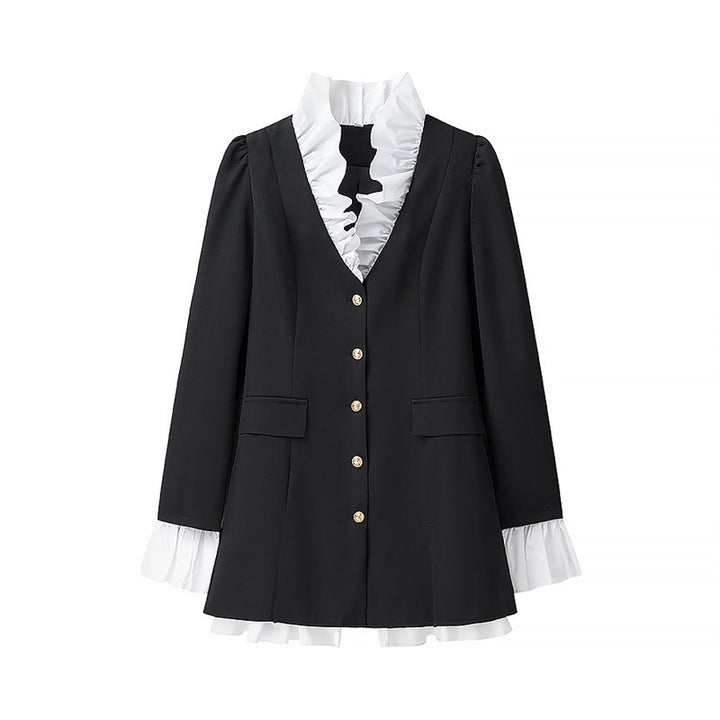 Ladies Elegant Blazer Jacket with Ruffle Details and Chic Button Closure Style