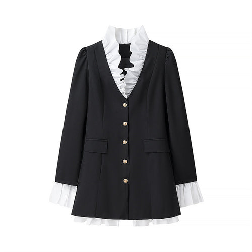 Ladies Elegant Blazer Jacket with Ruffle Details and Chic Button Closure Style