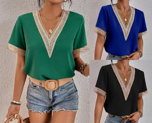Elegant V-neck blouse with lace for women Lune London