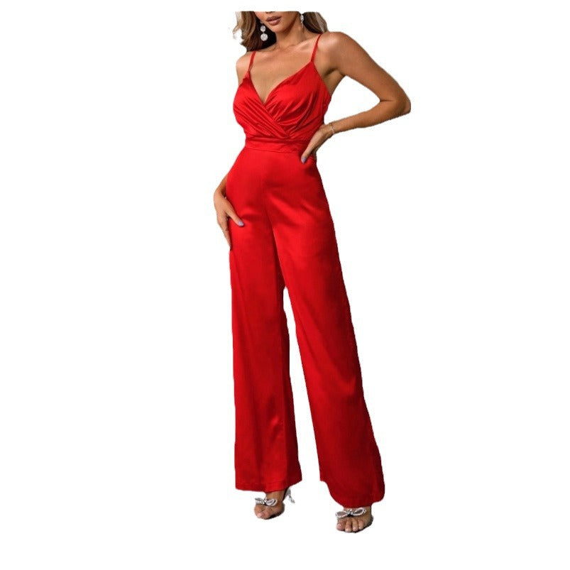 Ladies elegant jumpsuit with fitted draping and thin straps Lune London