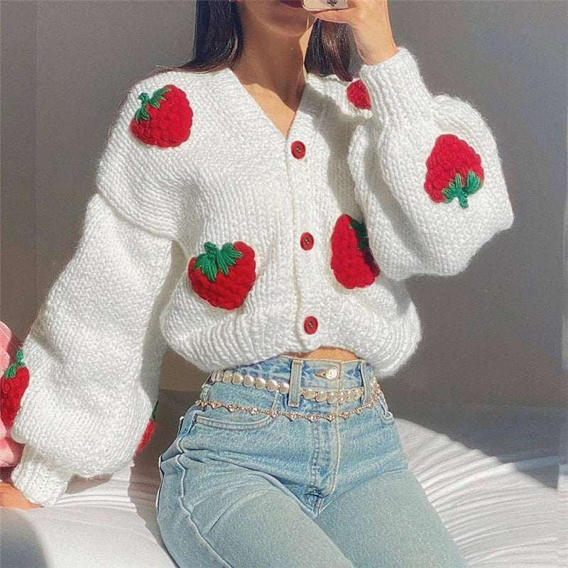 Knitted jacket for women with strawberry appliqués and loose sleeves Lune London