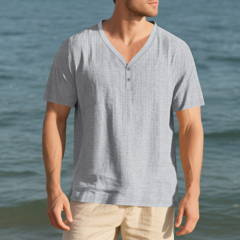 Men's short sleeve Henley shirt with textured design and stylish accents Lune London