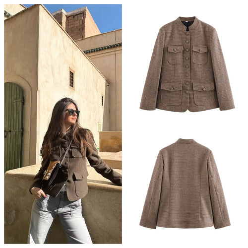 Elegant plaid jacket for women with continuous button placket and practical pockets Lune London