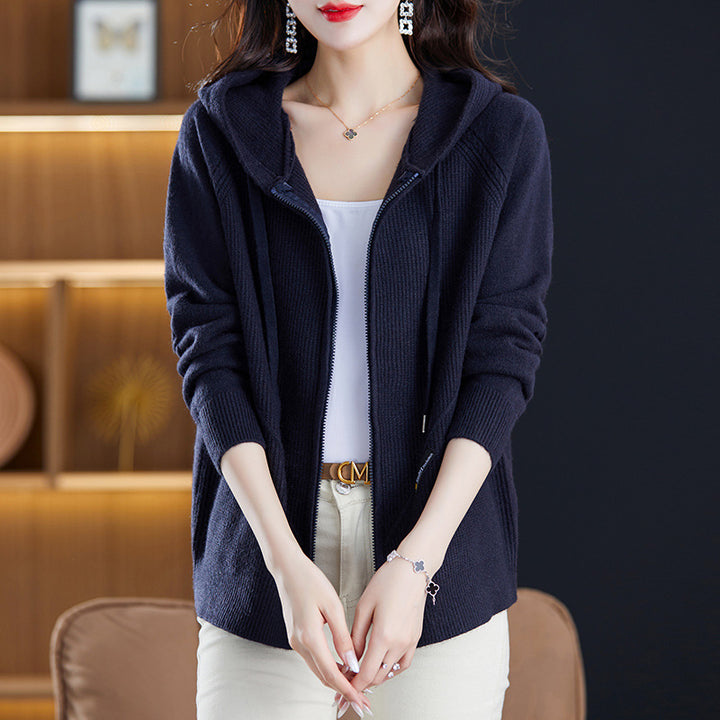 Knitted jacket for ladies with hood and practical pockets Lune London