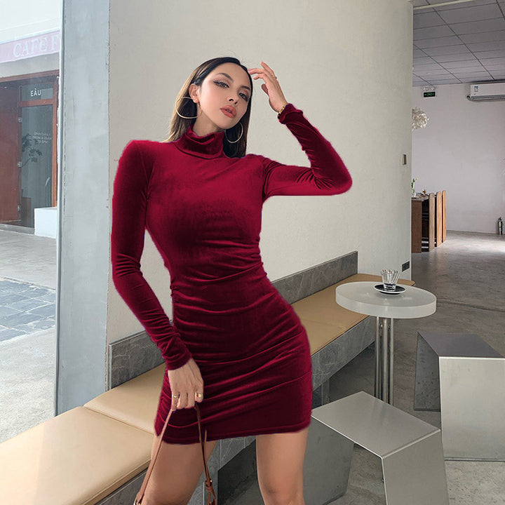 Exclusive mini velvet dress for women with high collar and refined ruffle details Lune London