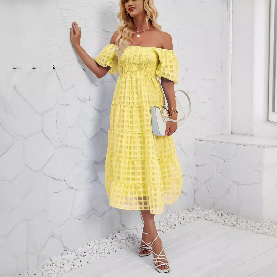 Women’s midi dress with puff sleeves and elastic waist belt Lune London