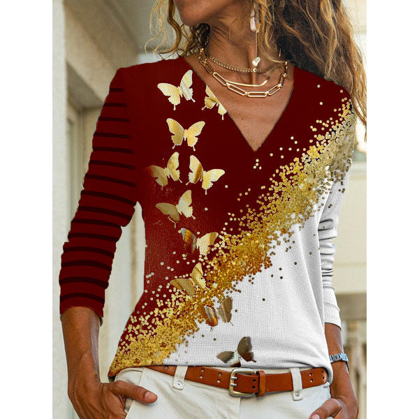 Lune London Women's Long Sleeve Floral Print V Neck Top