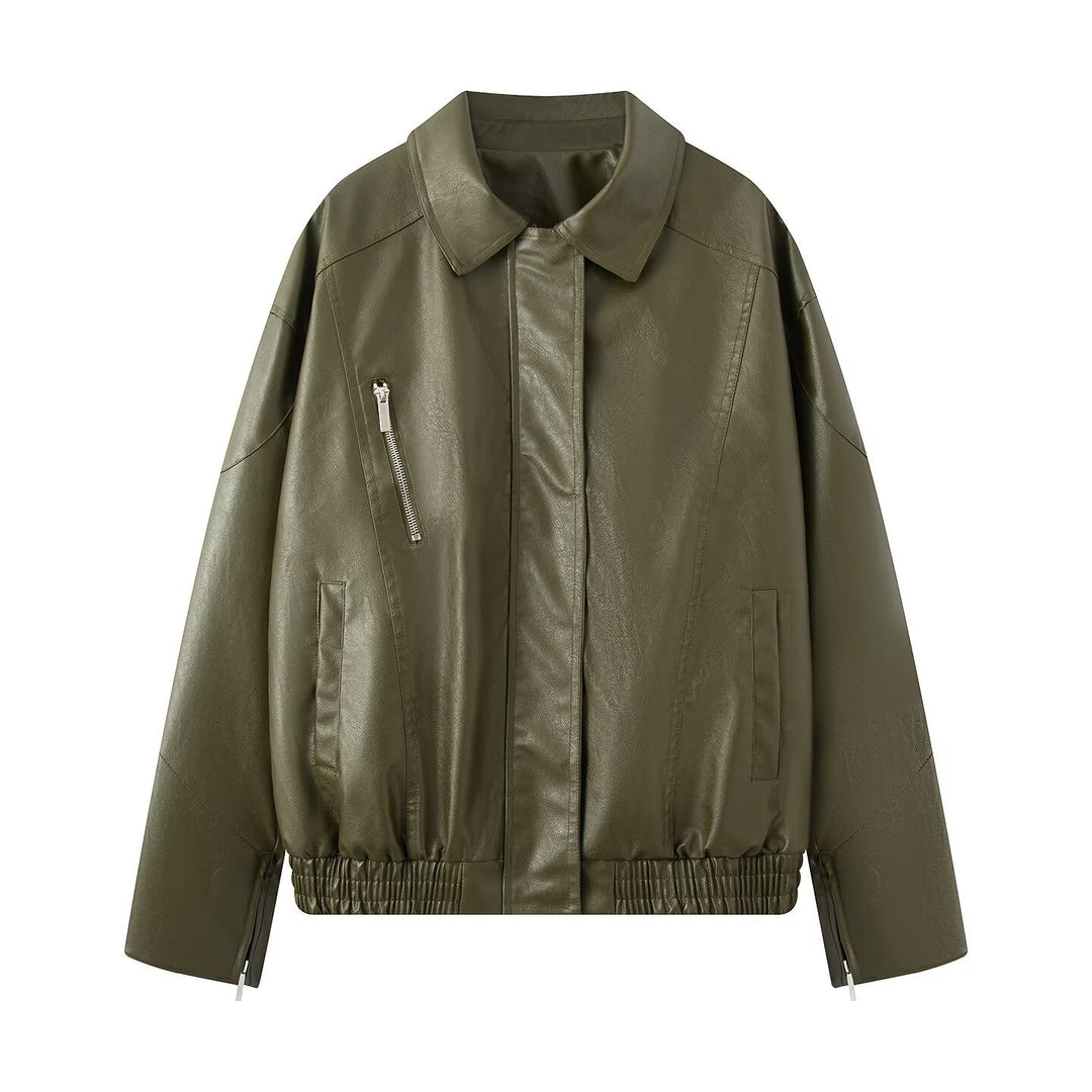 Casual faux leather jacket for women with elastic waist and practical zip pockets Lune London