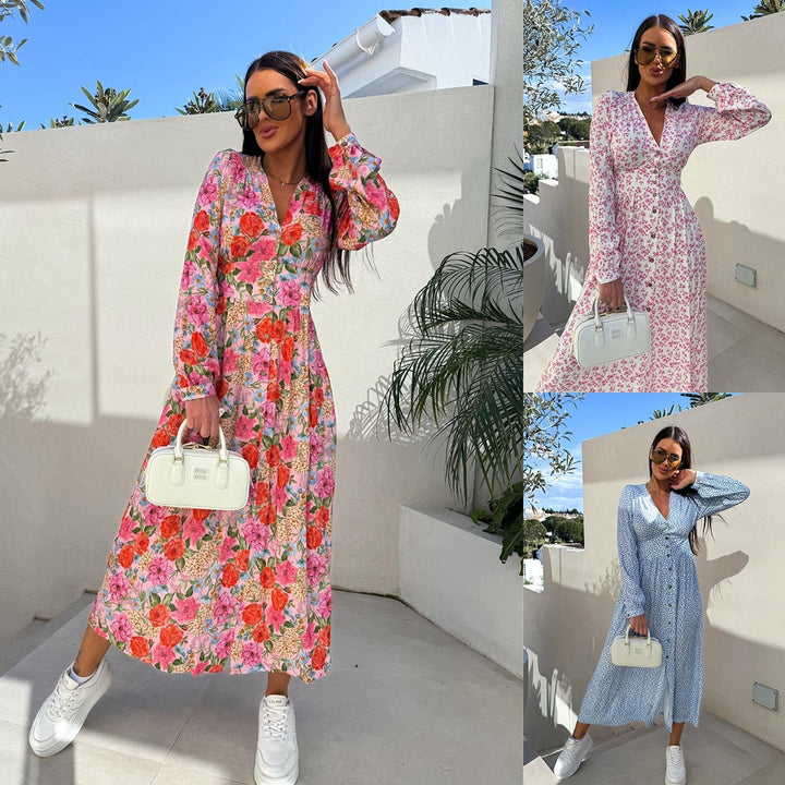Floral print maxi dress for women with button placket Lune London