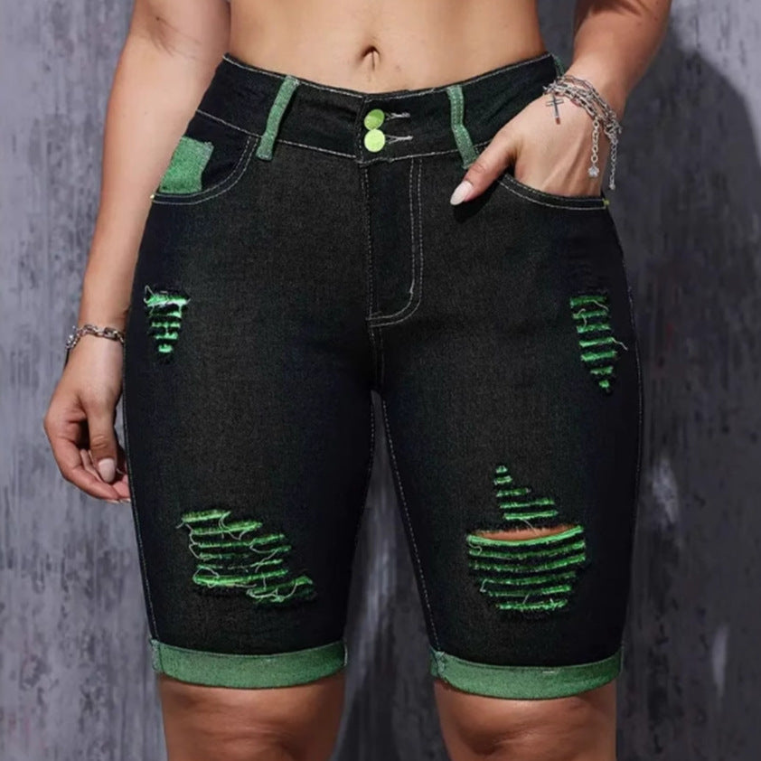 Women's Destroyed Denim Shorts with Eye-catching Accents and High Waist