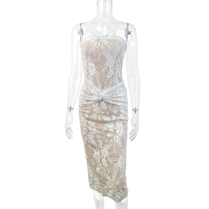 Women's lace dress with figure-flattering design and elegant knot detail Lune London