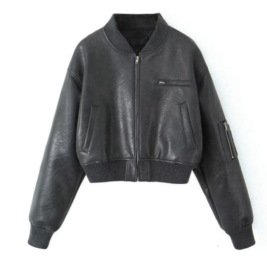 Women's leather bomber jacket with innovative zipper detail Lune London