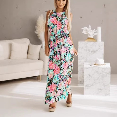 Maxi dress for women with floral pattern and adjustable belt Lune London