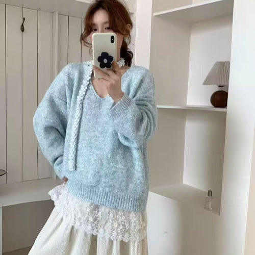 Pull en tricot cosy pour femmes avec bas en dentelle élégant Chic & Stil