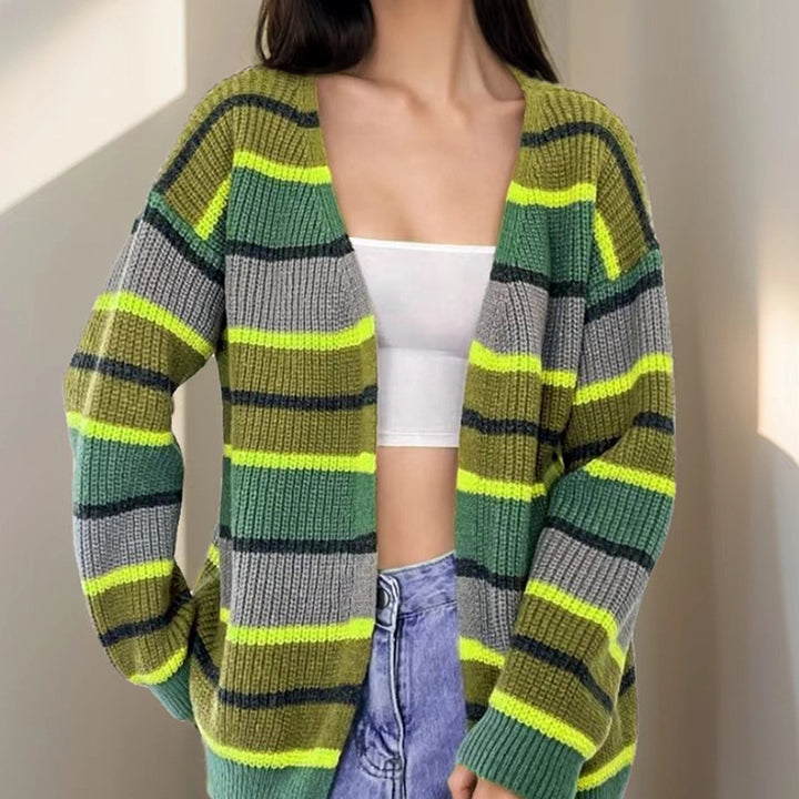 Knitted jacket for women with colorful striped pattern and relaxed fit Lune London