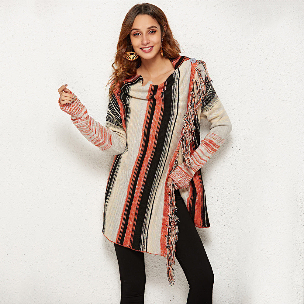 Cardigan féminin à la mode avec franges et motif rayé typique Chic & Stil