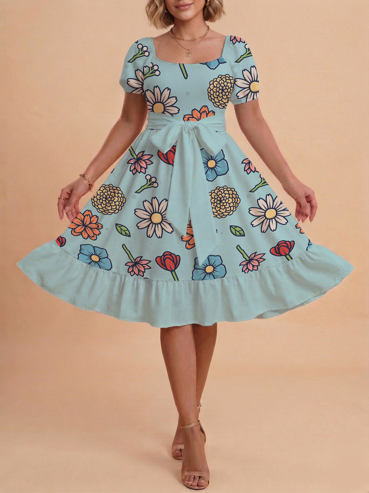 Women's Midi Dress with Elegant Floral Print and Fitted Belt Lune London