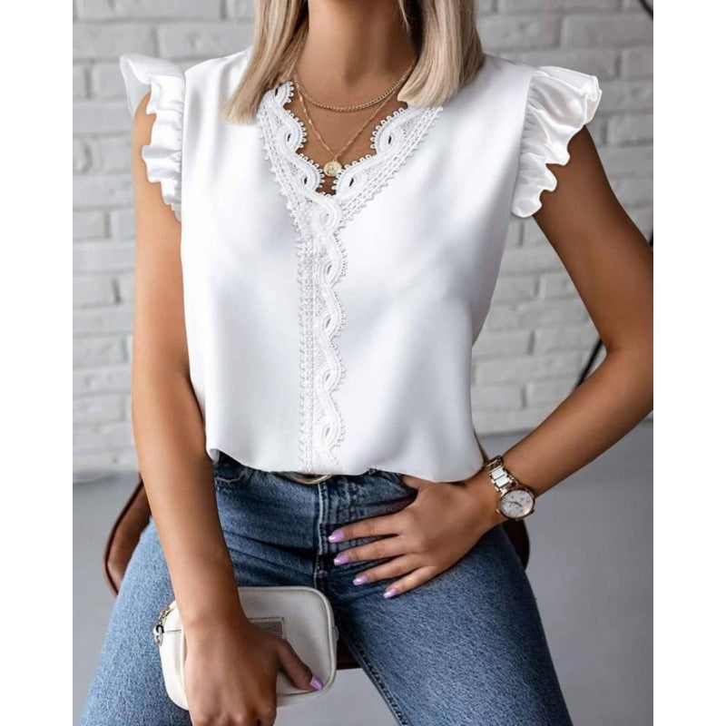 Women's blouse with ruffle details and lace appliqués Lune London