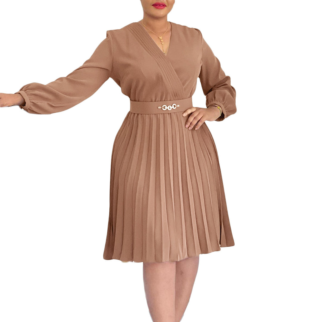 Pleated wrap dress for women with belt and elegant brooch Lune London