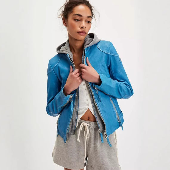 Ladies stylish leather jacket with removable hood Lune London