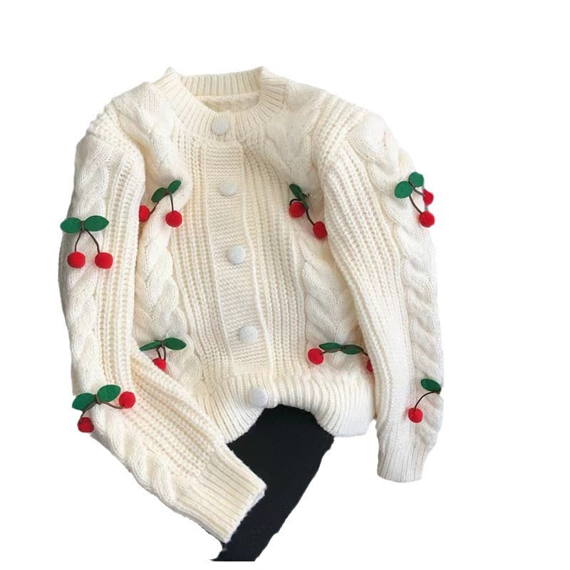 Women's knit jacket with playful cherry pattern and elegant braid patterns Lune London