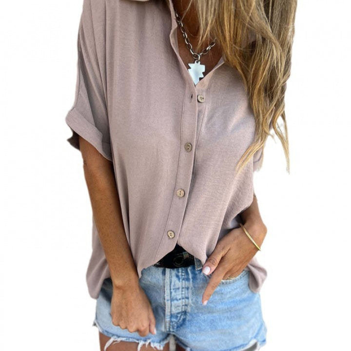 Casual short-sleeve blouse for women with button details and roll neck Lune London