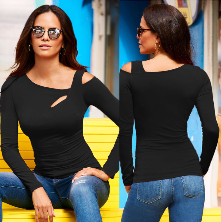 Long sleeve women's t-shirt with asymmetric neckline and cut-out details Lune London