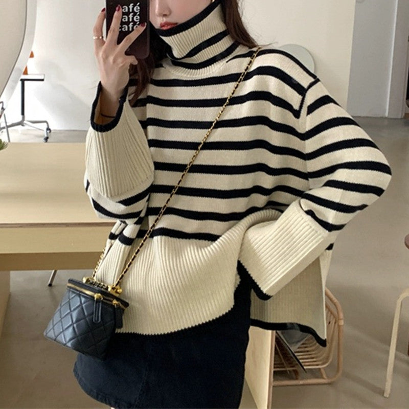 Casual high-neck sweater for women with chic striped pattern and style