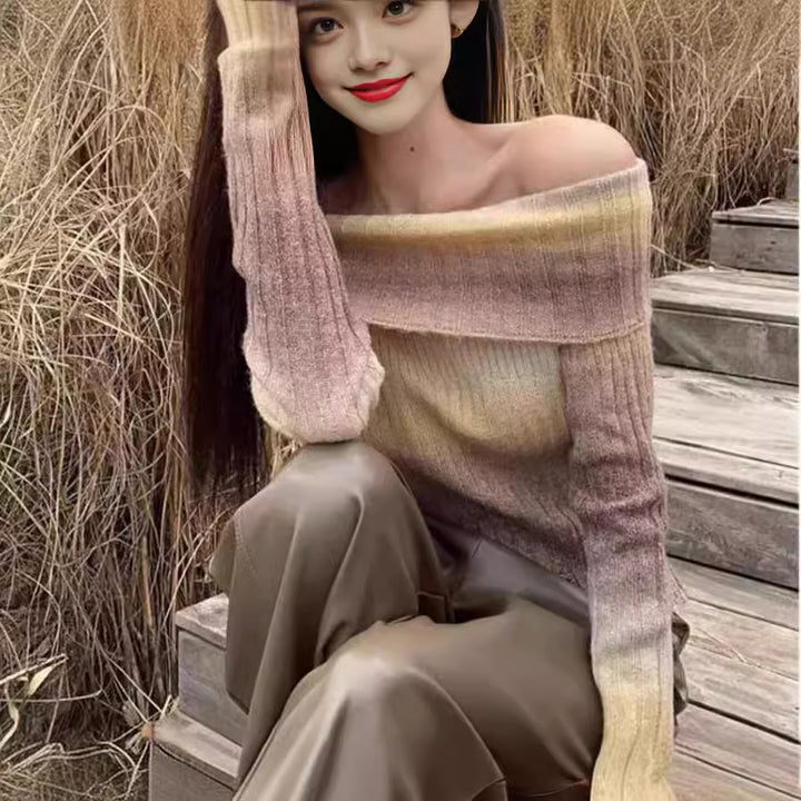 Trendy asymmetrical sweater for women with off-shoulder neckline and ribbed texture Lune London