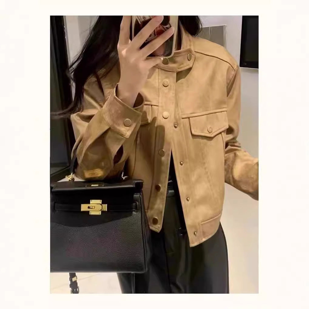 Cropped faux leather women's jacket with high collar and practical pockets Lune London
