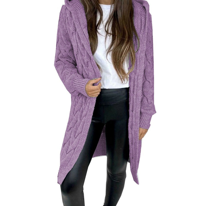 Ladies Long Knit Coat with Textured Braid Design and Practical Hood Chic and Style