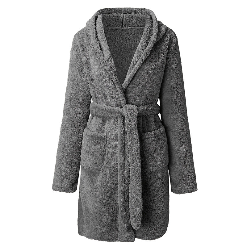 Fleece bathrobe for women with hood and practical pockets Lune London