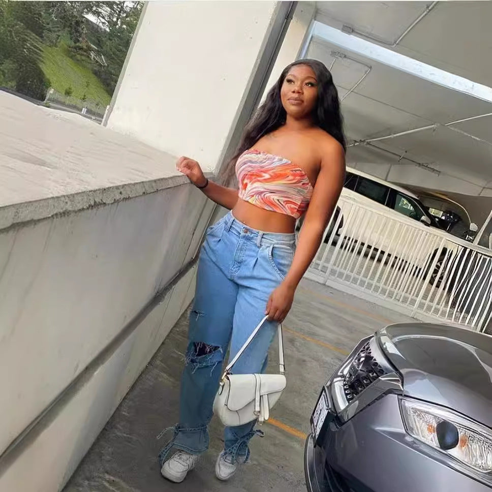 Casual women's mom jeans with trendy destroyed look Lune London