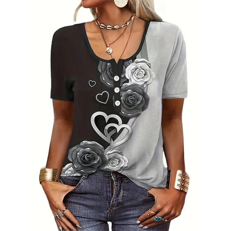 Women short sleeve t-shirt with heart-shaped floral design and button placket Lune London