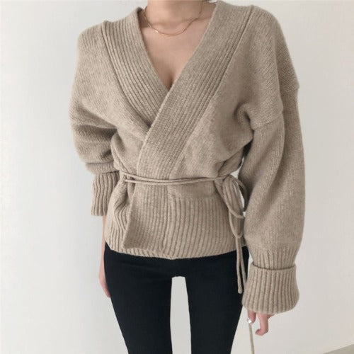 Women's Knit Tie Jacket with Belt and Stand Collar Lune London
