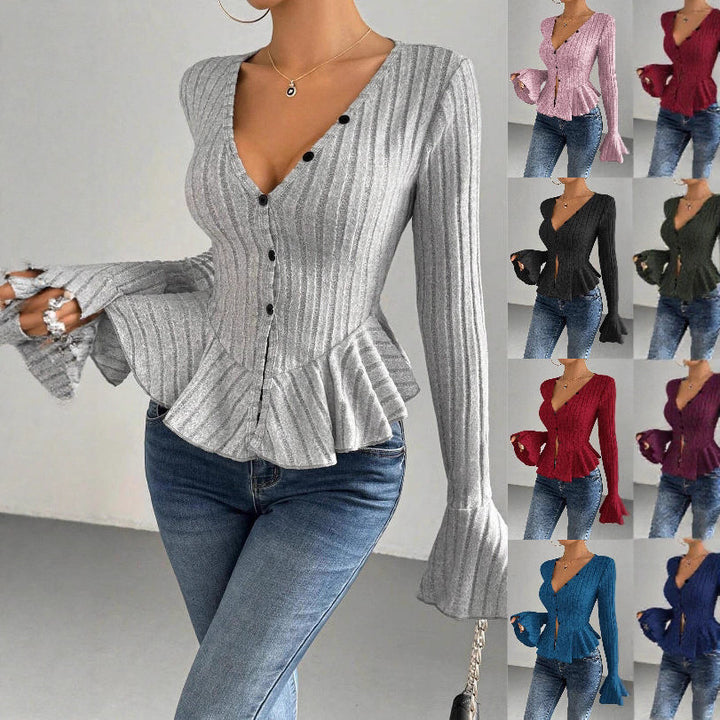 Lady knit top with refined pleated design and button placket Lune London