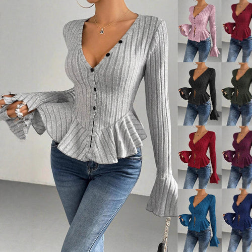 Lady knit top with refined pleated design and button placket Lune London