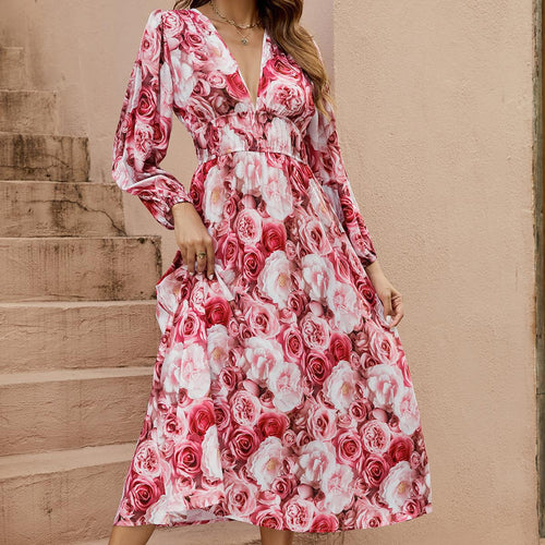 Ladies Long Summer Dress with Flowy Cut and Floral Rose Pattern Lune London