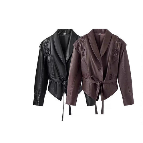 Faux leather jacket for women with an elegant tie belt and refined lace details Lune London