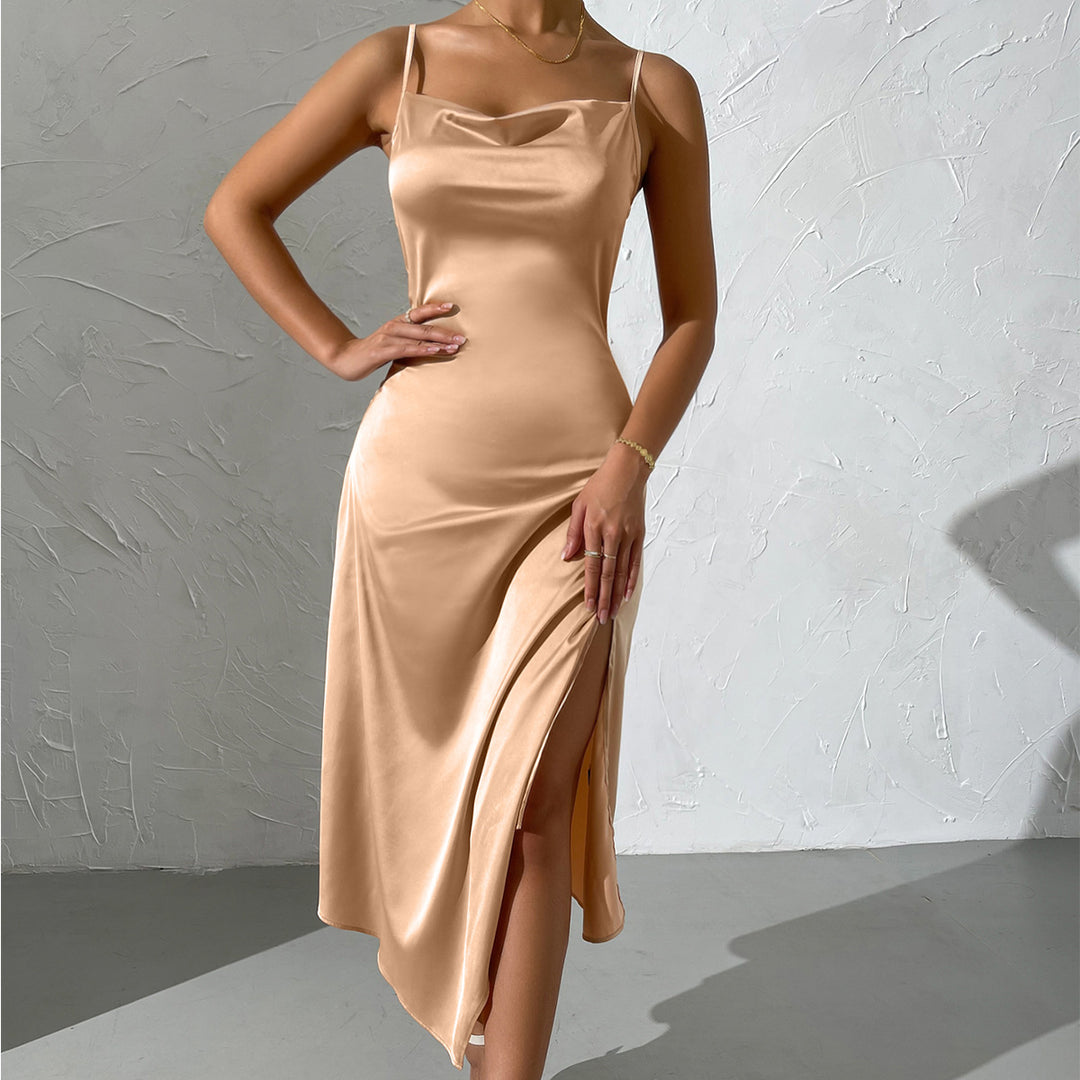 Long satin dress for women with sensual slit Lune London