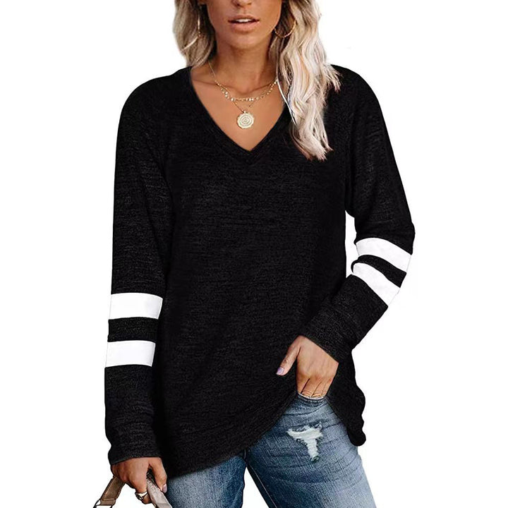 Long Sleeve Sporty T-Shirt for Women with V-Neck and Striped Details Lune London