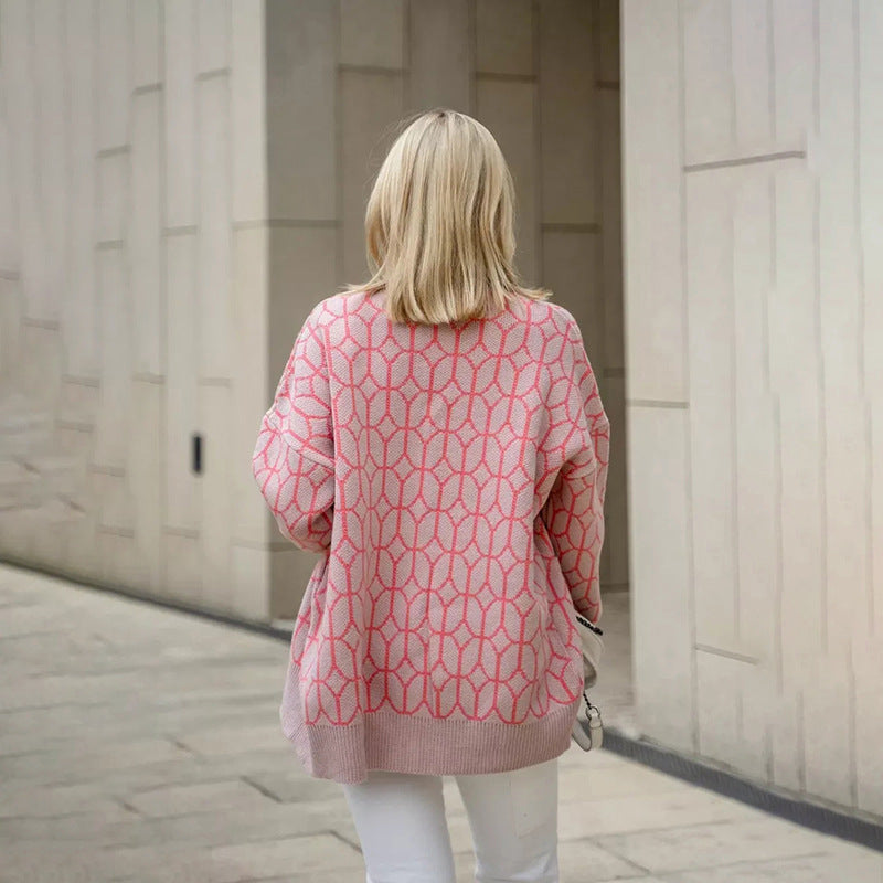 Women Knitted Patterned Cardigan with Large Button Placket Lune London
