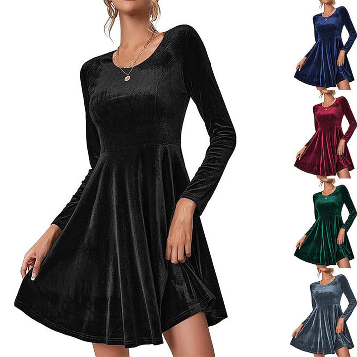 Ladies Elegant Velvet Dress with Curved Hem and Long Sleeves Lune London