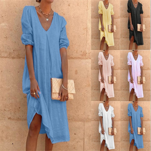 Casual linen dress for women with V-neck and puff sleeves Lune London