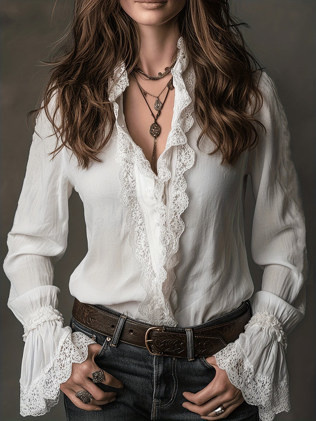 Ladies elegant blouse with ruffle details and lace trim Lune London