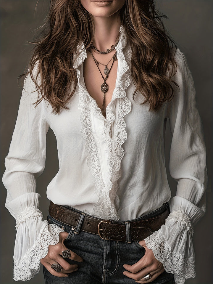 Ladies elegant blouse with ruffle details and lace trim Lune London