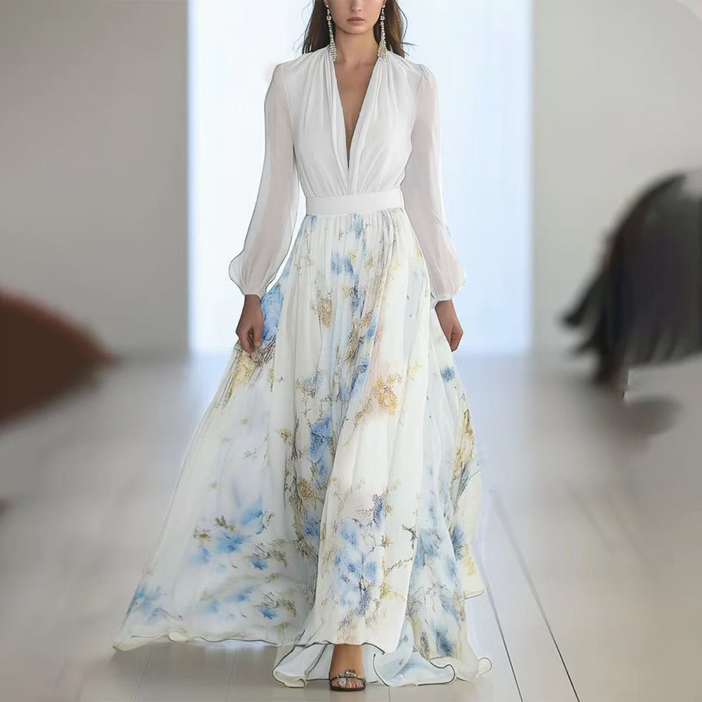 Lune London Elegant puff sleeve floral chiffon maxi dress for women